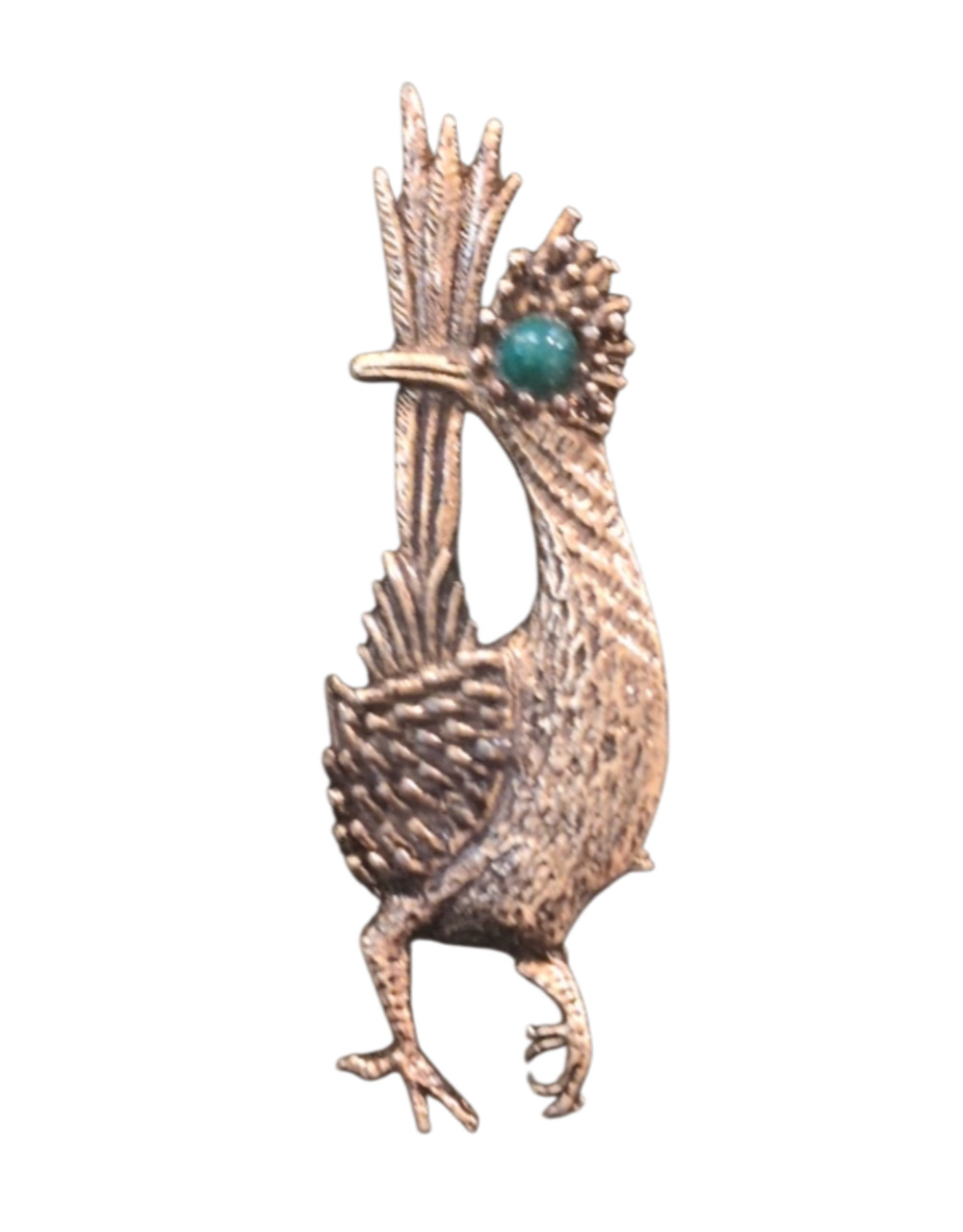 Vintage Ambassador Roadrunner Brooch Pin Gold Tone Green Stone Eye